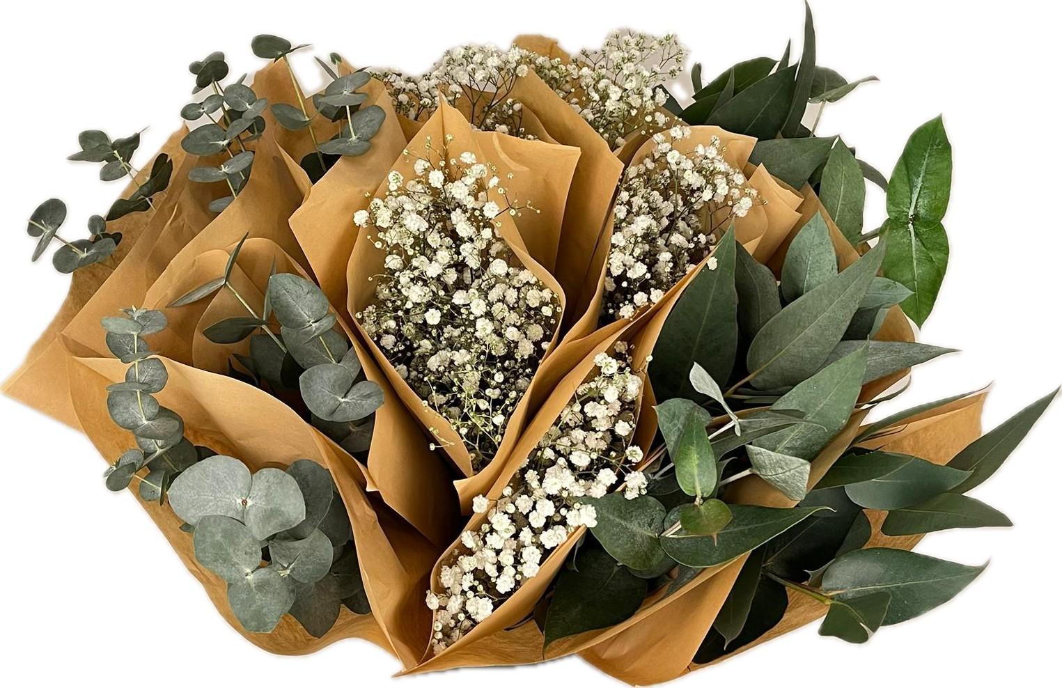 Срезанные цветы оптом Bq Mono Eucalyptus - Gyps mix от 15шт из Голландии с доставкой по России